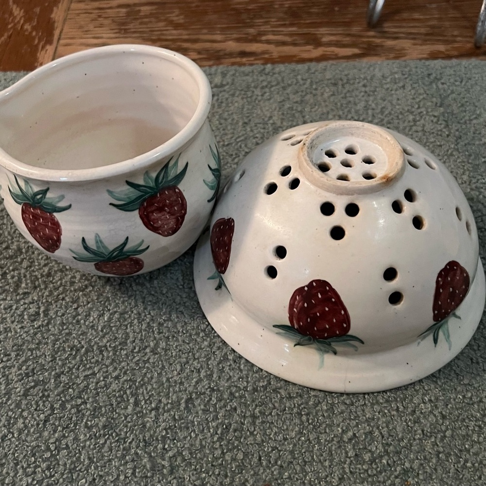 Vintage Strawberry Ceramic Berry Bowl Set Studio Signed